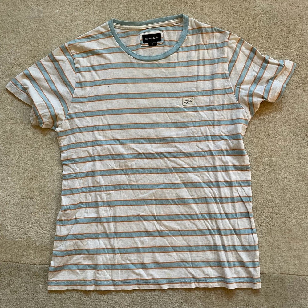 Barney Cools Mens Striped Short Sleeve T-Shirt Blue Orange White Size S